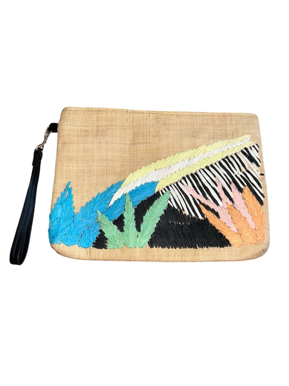 Tabitha Brown Raffia Wristlet Clutch Tropical Leaf Pouch EUC